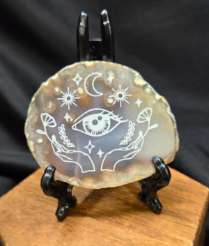 Etched Gray Agate Slice – Evil Eye Design