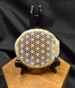 Etched Gray Agate Slice – Flower of Life Design Sacred Geometry