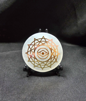 Satin Spar Selenite Charging Plate – Sri Yantra Inspired with Evil Eye