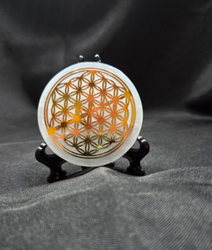 Satin Spar Selenite Charging Plate – Gold Flower of Life (A)