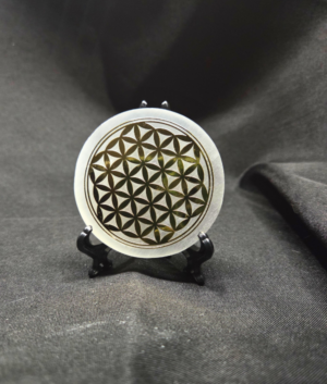 Satin Spar Selenite Charging Plate – Gold Flower of Life (B)